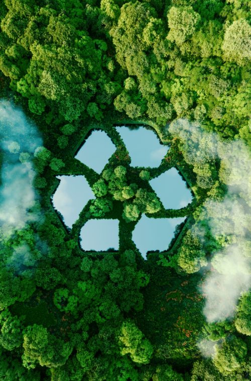 A lake in the shape of a recycling sign in the middle of untouched nature. An ecological metaphor for ecological waste management and a sustainable and economical lifestyle. 3d rendering.