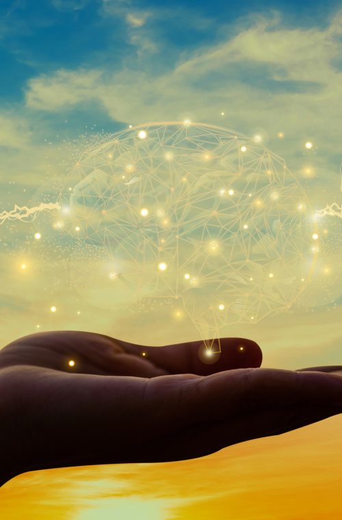 Man holding brain illustration against sky background. Concept with mental health protection and care.
